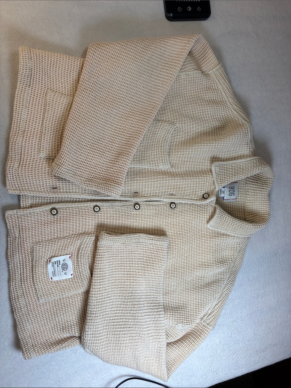BDG Cream Waffle Knit Button-Up Jacket
